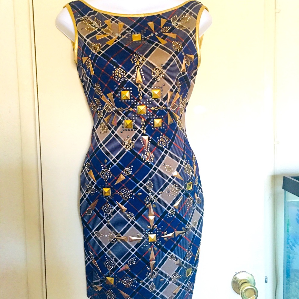 Va Va Voom Blue and Gold Geometric Dress